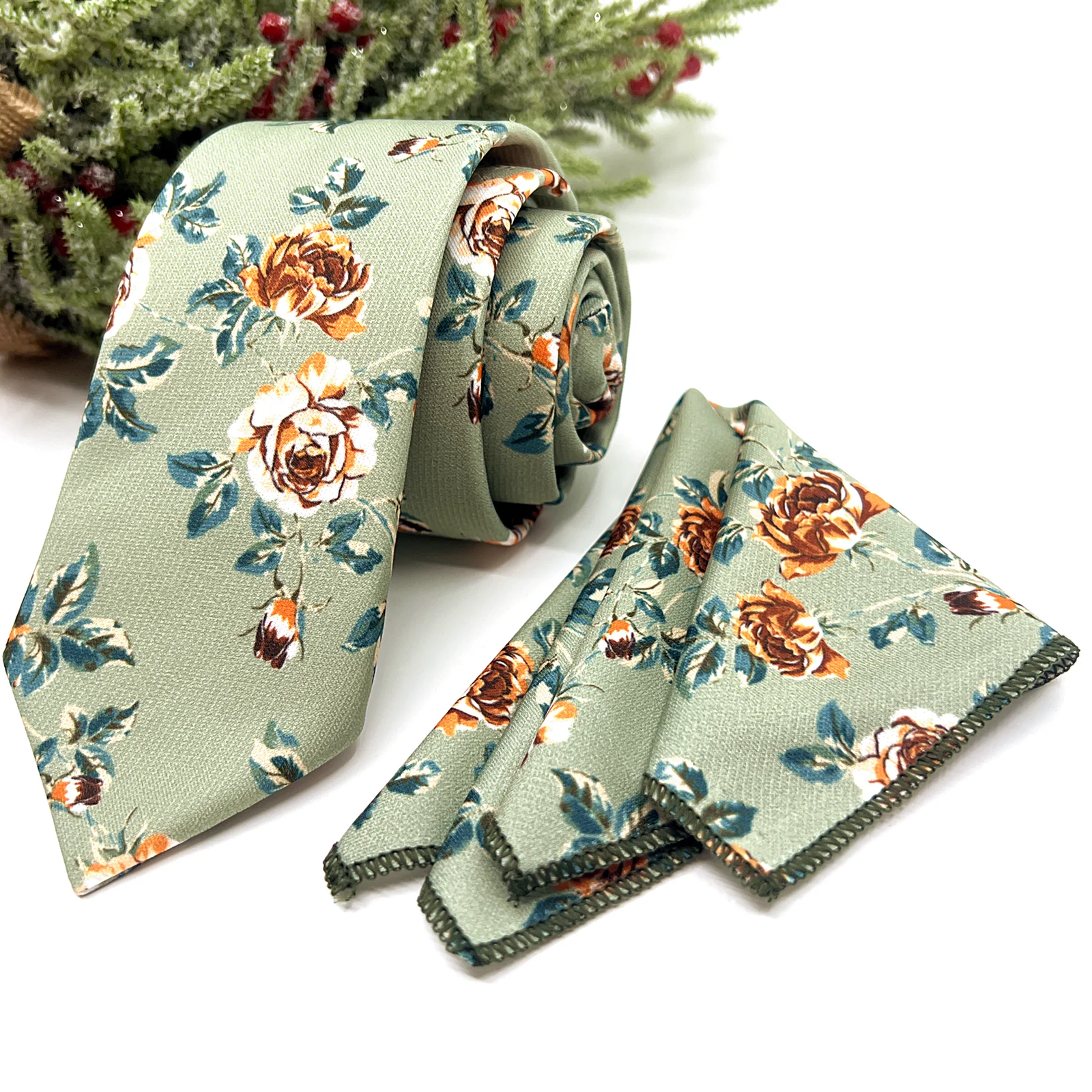 susp_tie_453_01 Dusty Sage Green Necktie with Rust Floral and Rose - Image 1