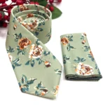 Dusty Sage Green Necktie with Rust Floral and Rose - Image 4