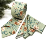 Dusty Sage Green Necktie with Rust Floral and Rose - Image 2