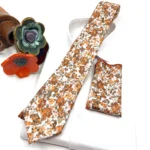 Burnt Orange Floral Necktie on Ecru, Matching Bow Tie