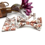 Burnt Orange Floral Bow Tie with Brown Rust on Ecru Background