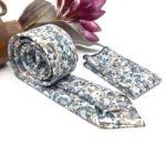 Dusty Blue Floral Necktie on Ecru Background - Image 4