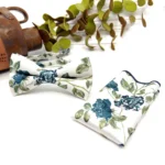 Denim Blue Rose Floral Bow Tie with Sage and Olive Green on Ecru Background - Image 4