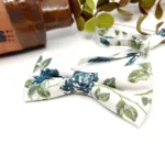 Denim Blue Rose Floral Bow Tie with Sage and Olive Green on Ecru Background
