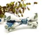 Denim Blue Rose Floral Bow Tie with Sage and Olive Green on Ecru Background - Image 3