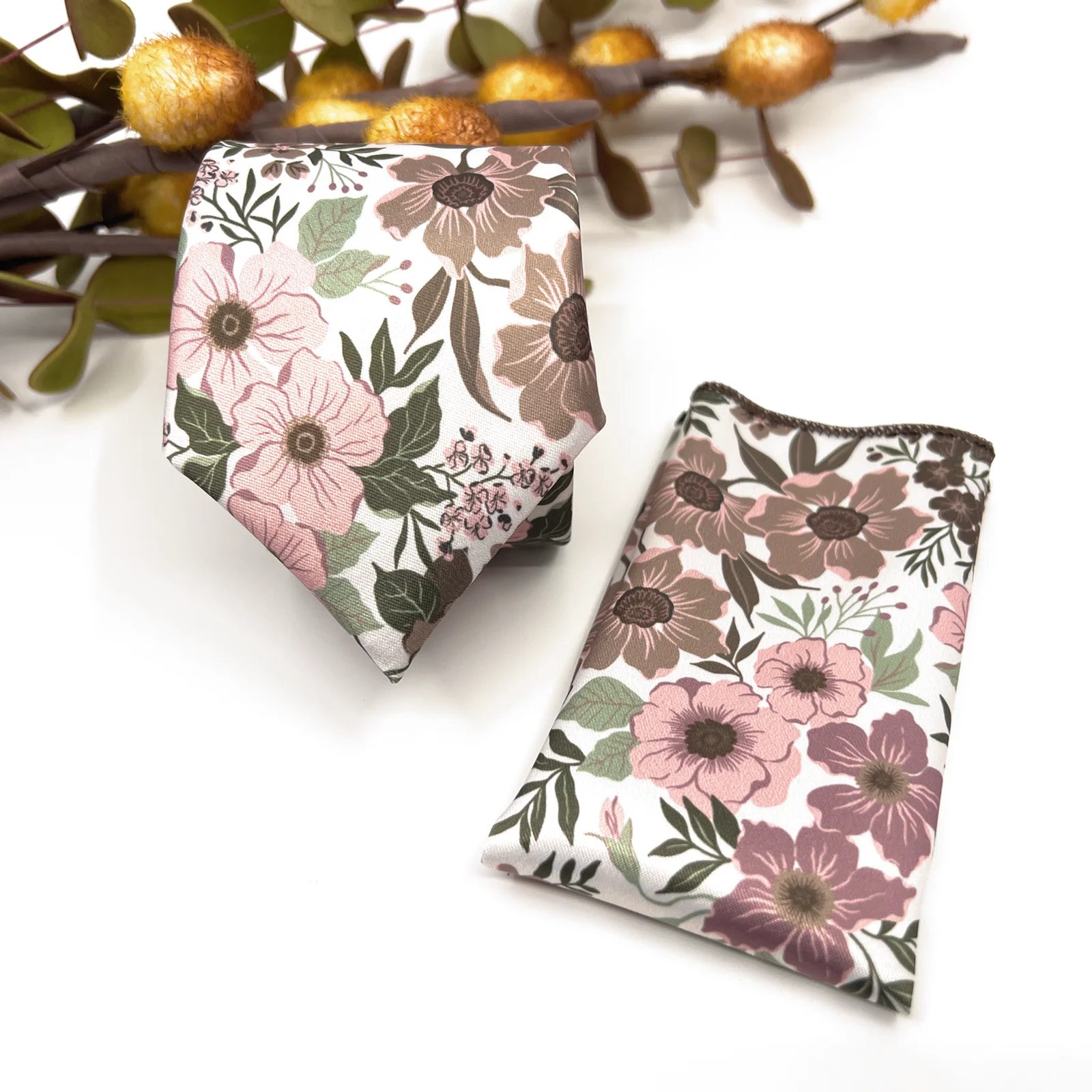 susp_tie_666_01 Dusty Rose Floral Necktie with Sage Green and Dusty Pink, Matching Bow Tie - Image 1