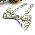 Dusty Sage Green Floral Bow Tie on Ecru Background