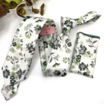 Sage Green Floral Necktie with Olive and Deep Green on Ecru Background - Image 2