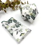 Sage Green Floral Necktie with Olive and Deep Green on Ecru Background