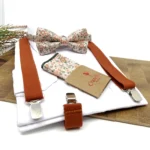 Burnt orange suspenders and floral bow tie wedding set
