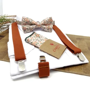 Burnt orange suspenders and floral bow tie wedding set