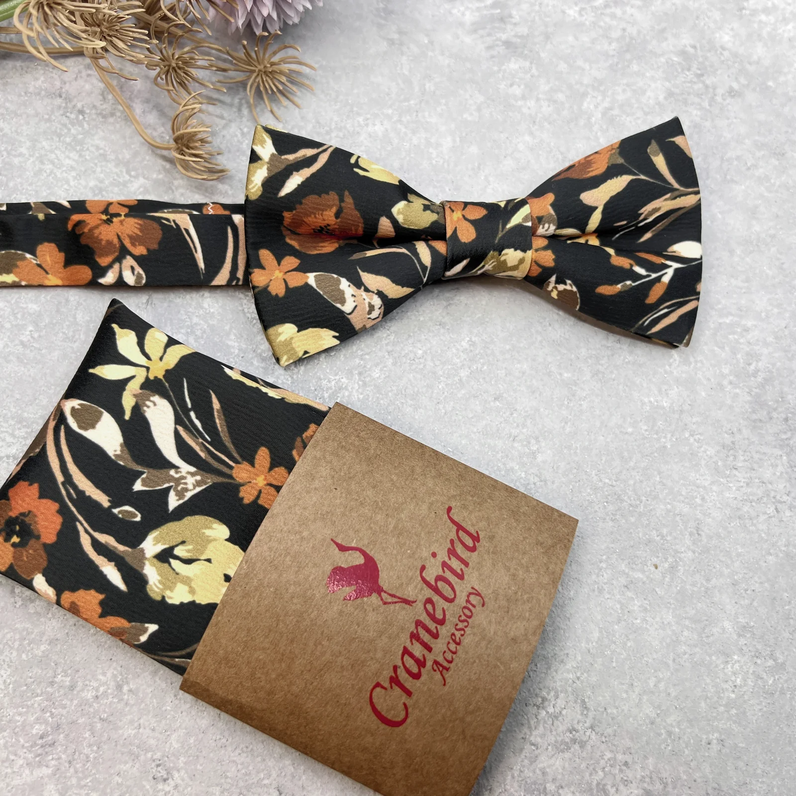 susp_tie_683_7 Burnt Orange and Olive Brown Floral Bow Tie on Deep Forest Green Background - Image 1