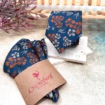 Burnt Orange Floral Slim Necktie, Navy Terracotta Wedding Tie for Groom & Groomsmen, Optional Color Coordinated Bow Tie