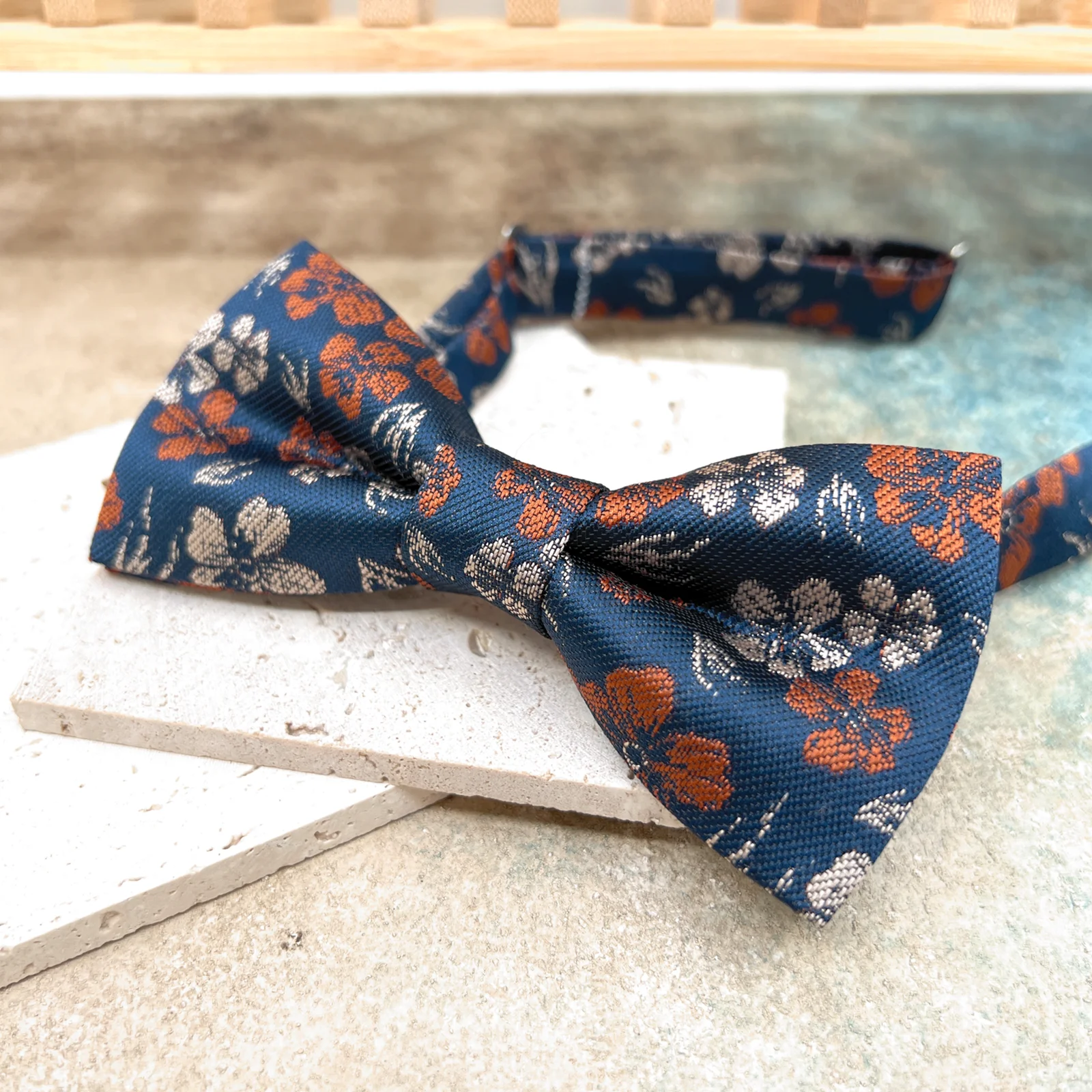 susp_tie_693_5 Burnt Orange Floral Bow Tie with Navy Terracotta Details - Image 1